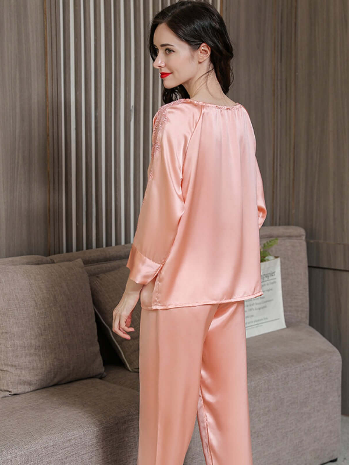 Back view of Women's Long - sleeved Lace Silk Pajama Set in pink