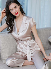 Women's Short - sleeved Ribbon Silk Pajamas Set