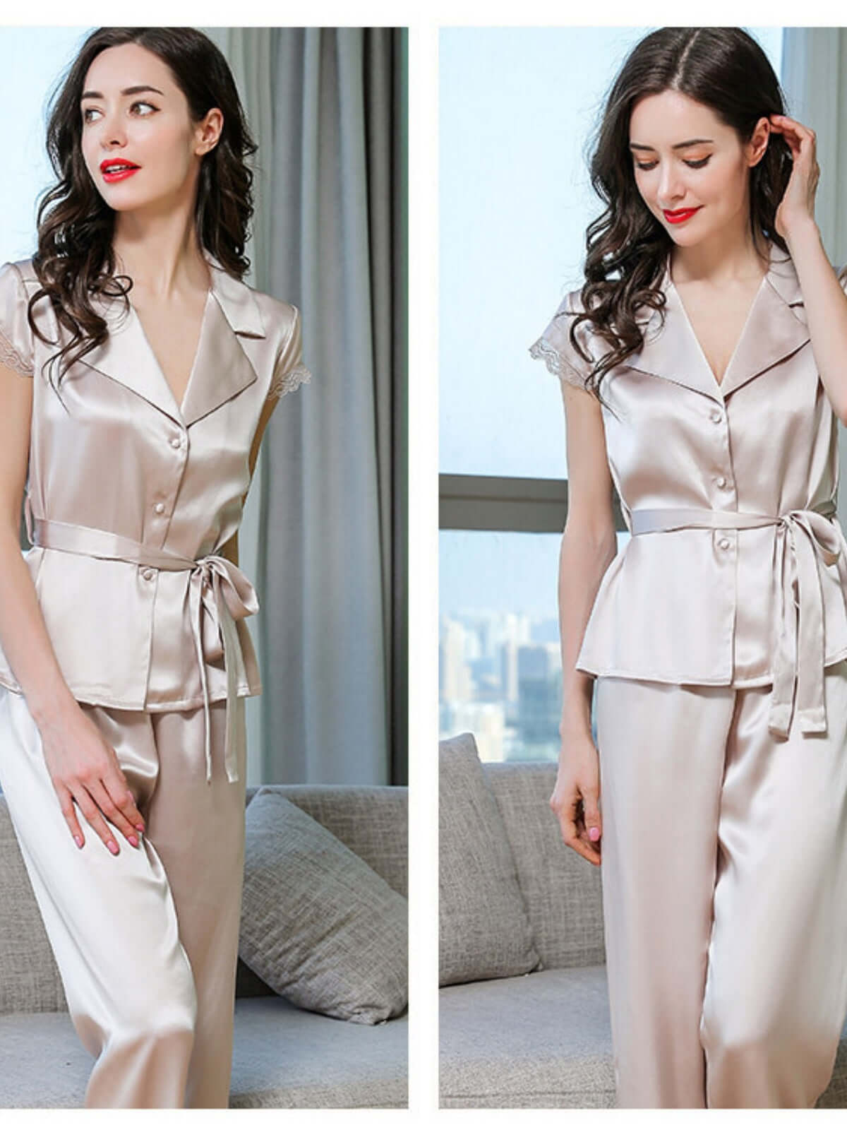 Profile of Women's Short - sleeved Ribbon Silk Pajamas Set