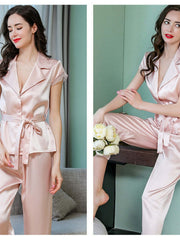 Both sides of Women's Short - sleeved Ribbon Silk Pajamas Set