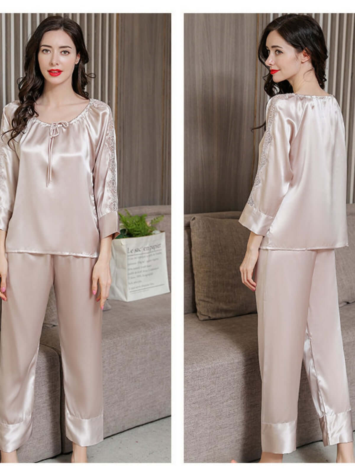 Profile of Women's Long - sleeved Lace Silk Pajama Set