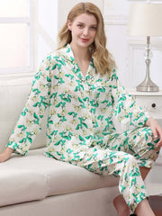 Women's Cozy Floral Silk Pajamas Set in green color