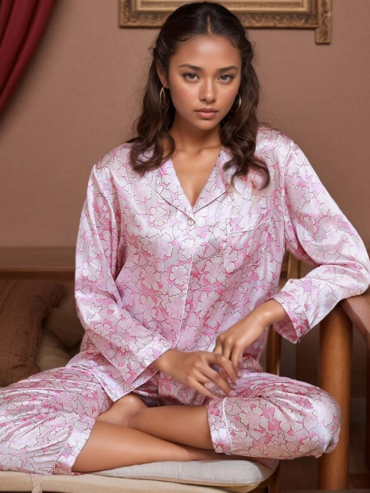 Women's Long - sleeved Delicate Floral Silk Pajamas Set in pink color
