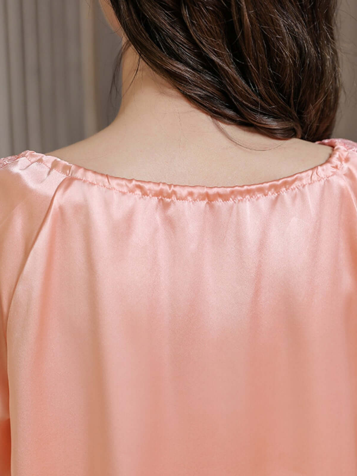 Back view of Women's Long - sleeved Lace Silk Pajama Set