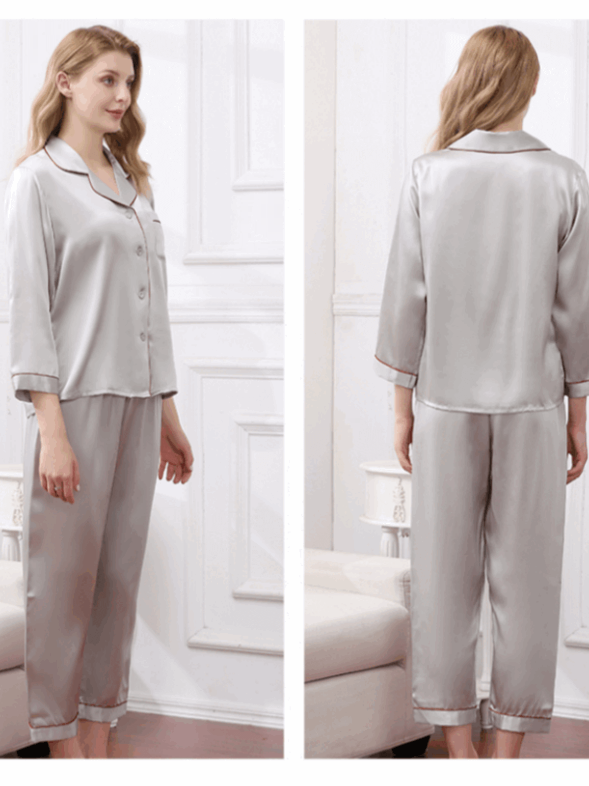 Profile of women's cozy long - sleeved pure silk pajamas set