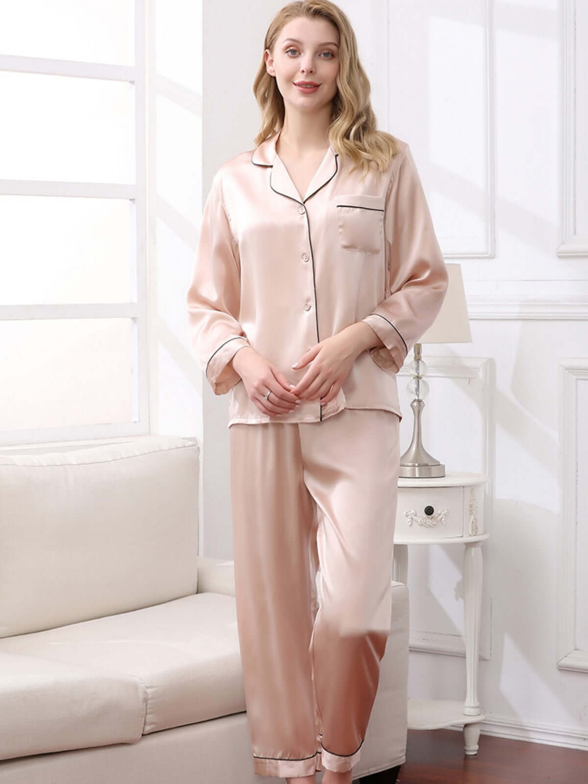 women's cozy long - sleeved pure silk pajamas set in pink