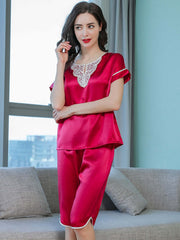 Women's Short - sleeved Lace Silk Pajama Set in red