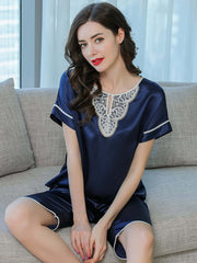 Women's Short - sleeved Lace Silk Pajama Set in navy blue