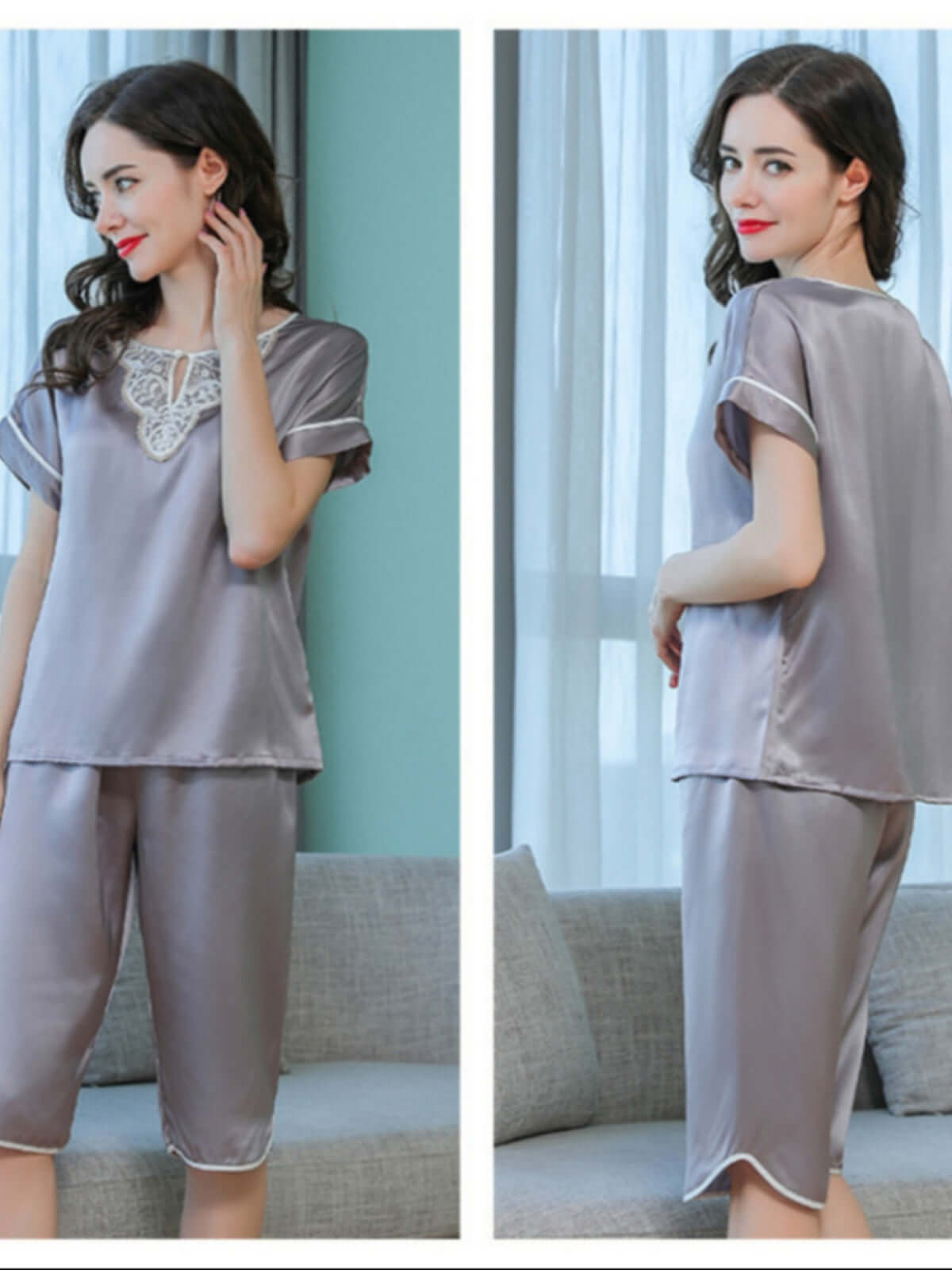 Profile of Women's Short - sleeved Lace Silk Pajama Set