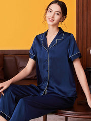 Women's Cozy Short - sleeved Pure Silk Pajamas Set in navy blue