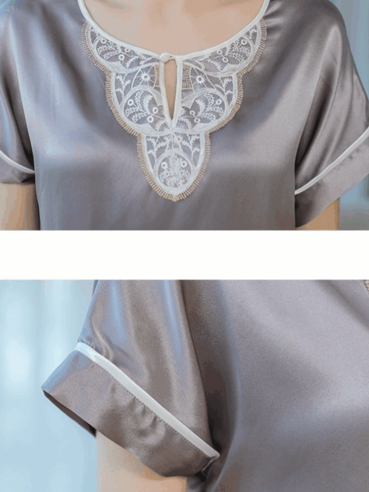 Details of Women's Short - sleeved Lace Silk Pajama Set