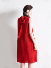 back view of Red Sleeveless Silk Dress For Women