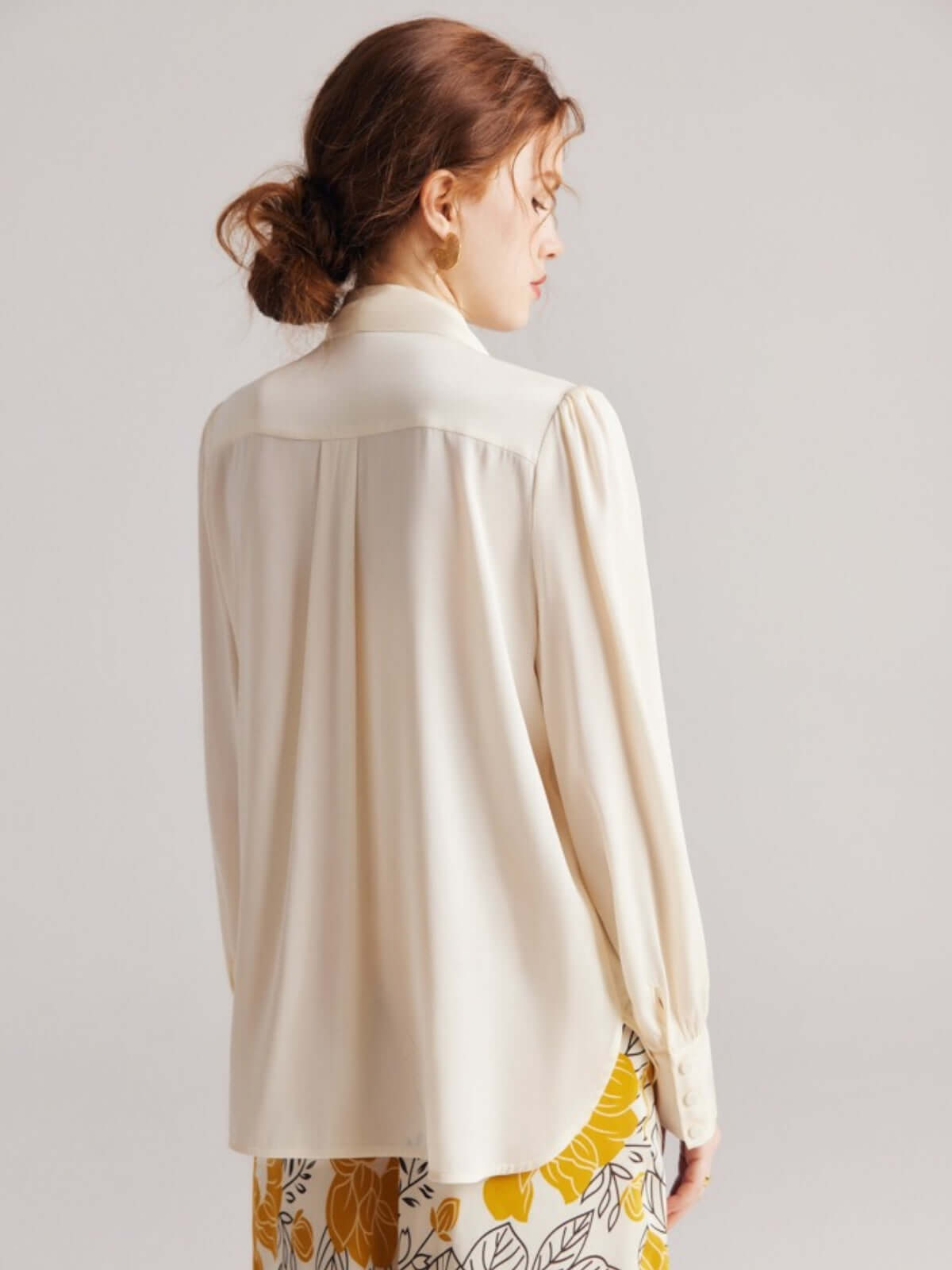 Back view of Elegant V - neck Silk Blouse for Work & Casual in White