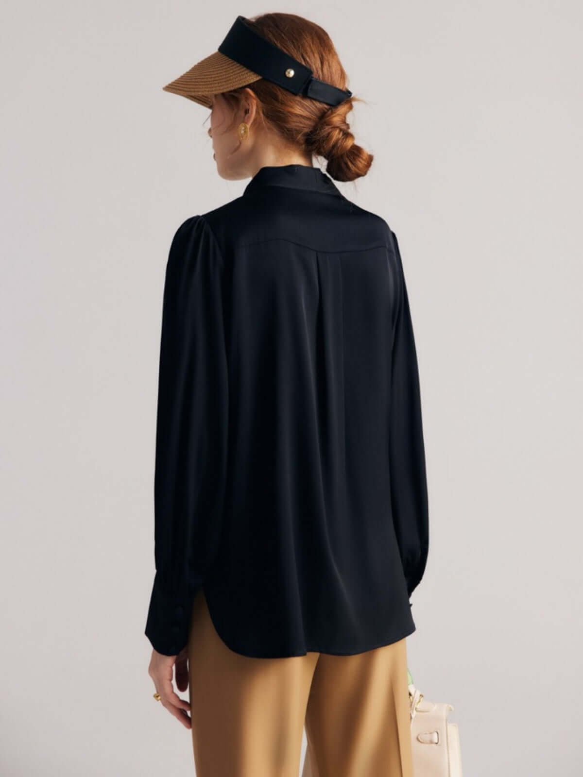 Back view of Elegant V - neck Silk Blouse for Work & Casual in black