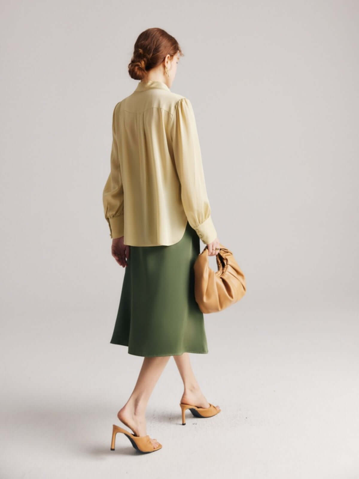 Back view of Elegant V - neck Silk Blouse for Work & Casual