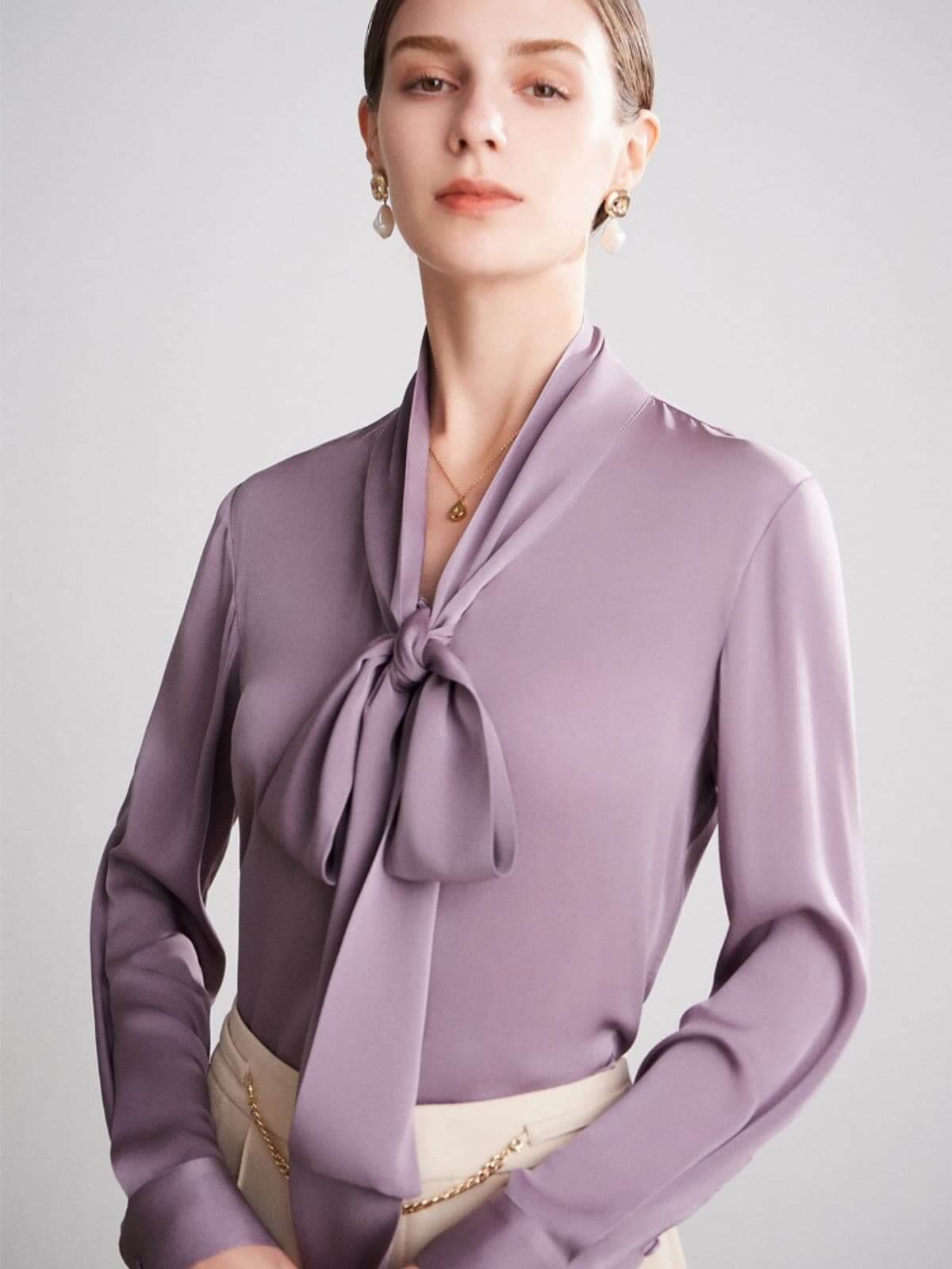 Scarf - collar Ribbon Silk Blouse in purple