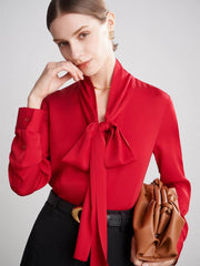 Scarf - collar Ribbon Silk Blouse in red