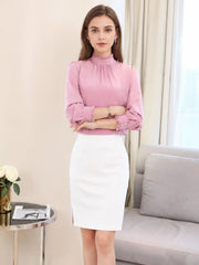 Elegant Lace Collar Silk Blouse for Women, back view in pink with white skirt, showcasing stylish design.