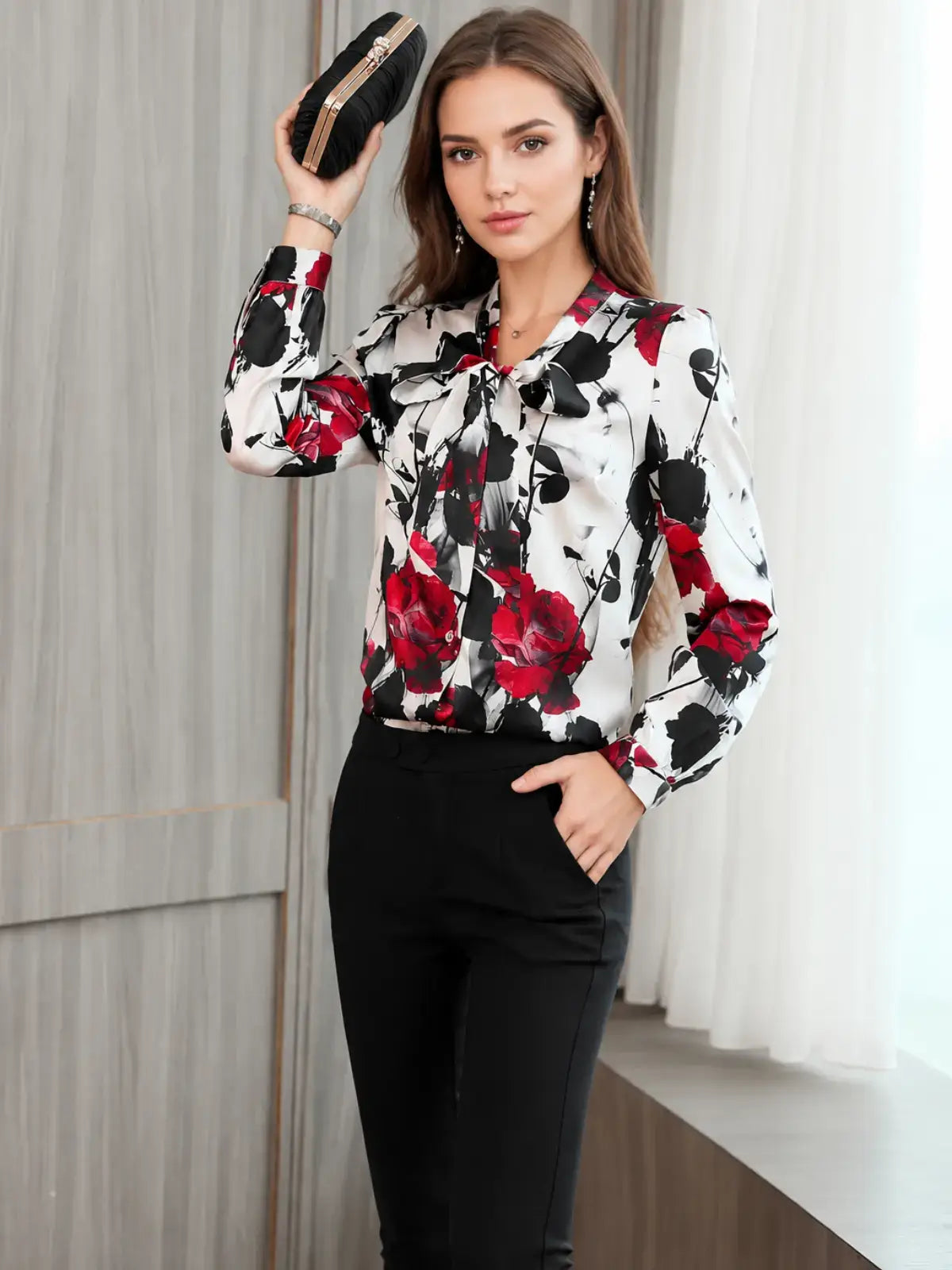 Woman wearing a Bow Tie Printed Mulberry Silk Blouse with floral design
