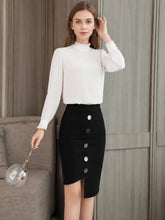 Elegant Lace Collar Silk Blouse for Women, back view, styled with a black skirt and holding a glass.