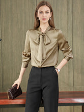 Bow-Tie Solid Color Silk Blouse-in-champagne-front-SILKSER
