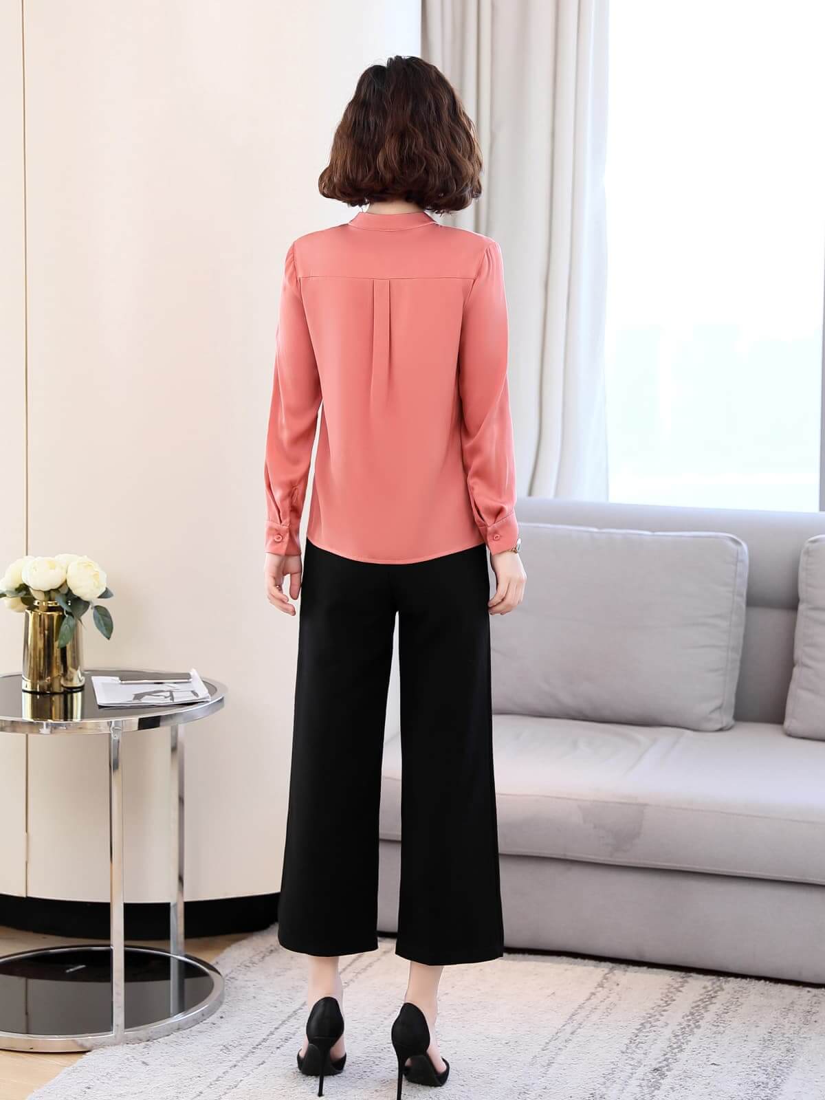 Trendy Silk Women's Blouse showcased on a model, styled for both casual and office settings.