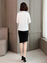 Trendy Silk Women's Blouse back view worn with a black skirt, perfect for casual and office settings.