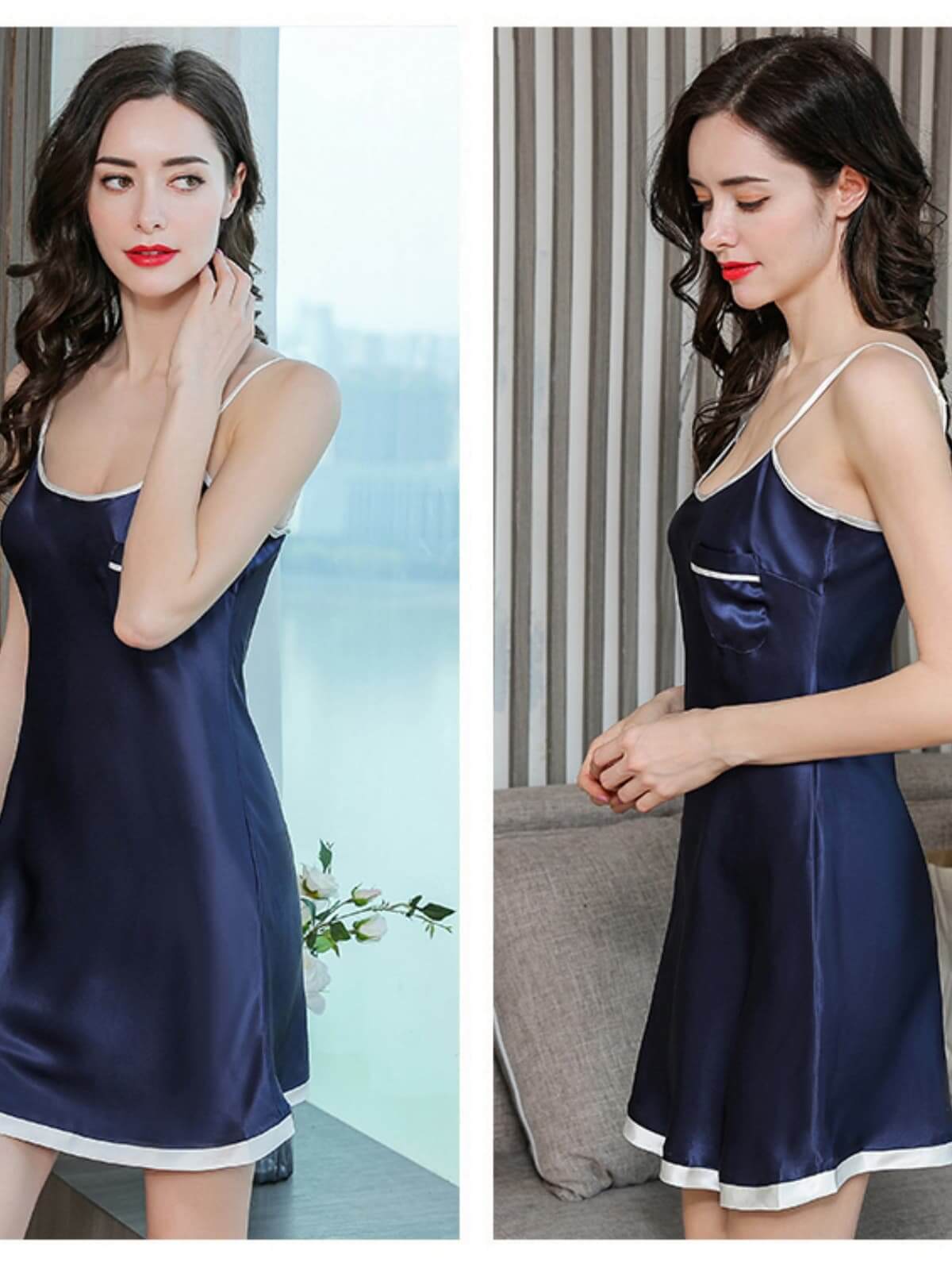 Profile of Casual Round - neck Strap Silk Nightgown in navy blue