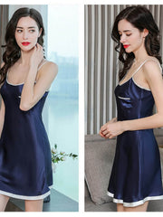 Profile of Casual Round - neck Strap Silk Nightgown in navy blue