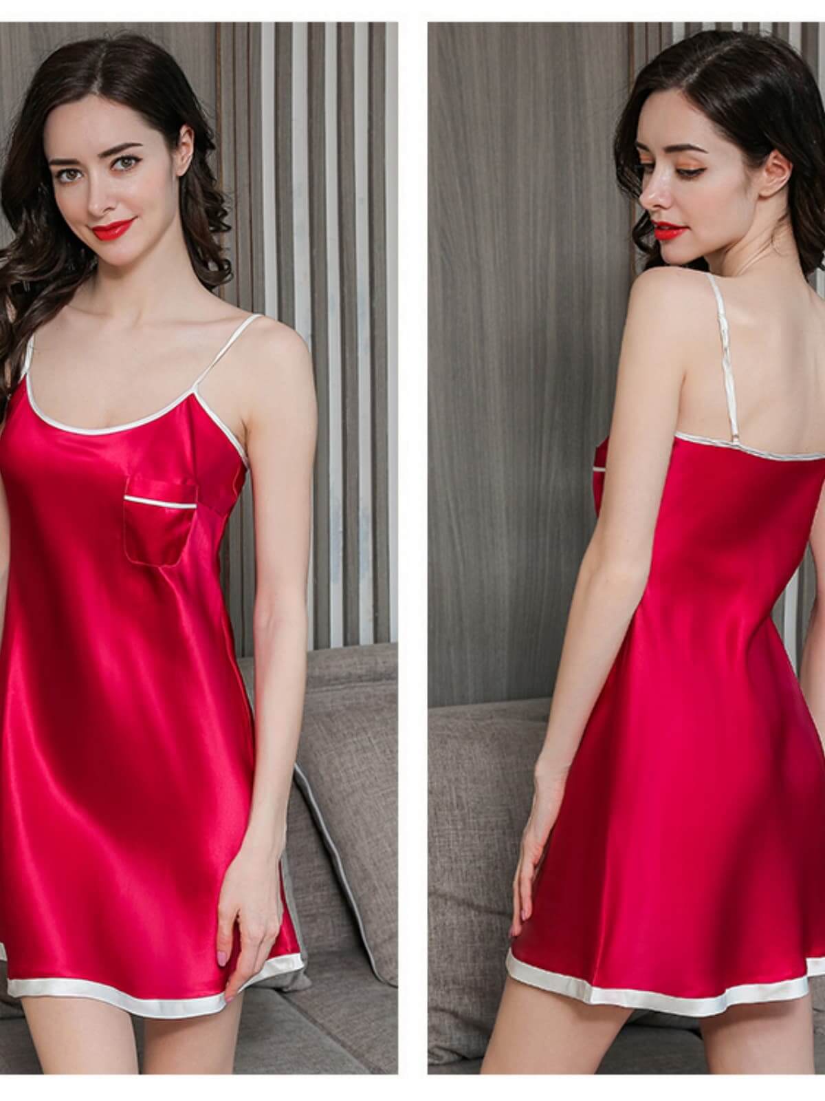 Profile of Casual Round - neck Strap Silk Nightgown