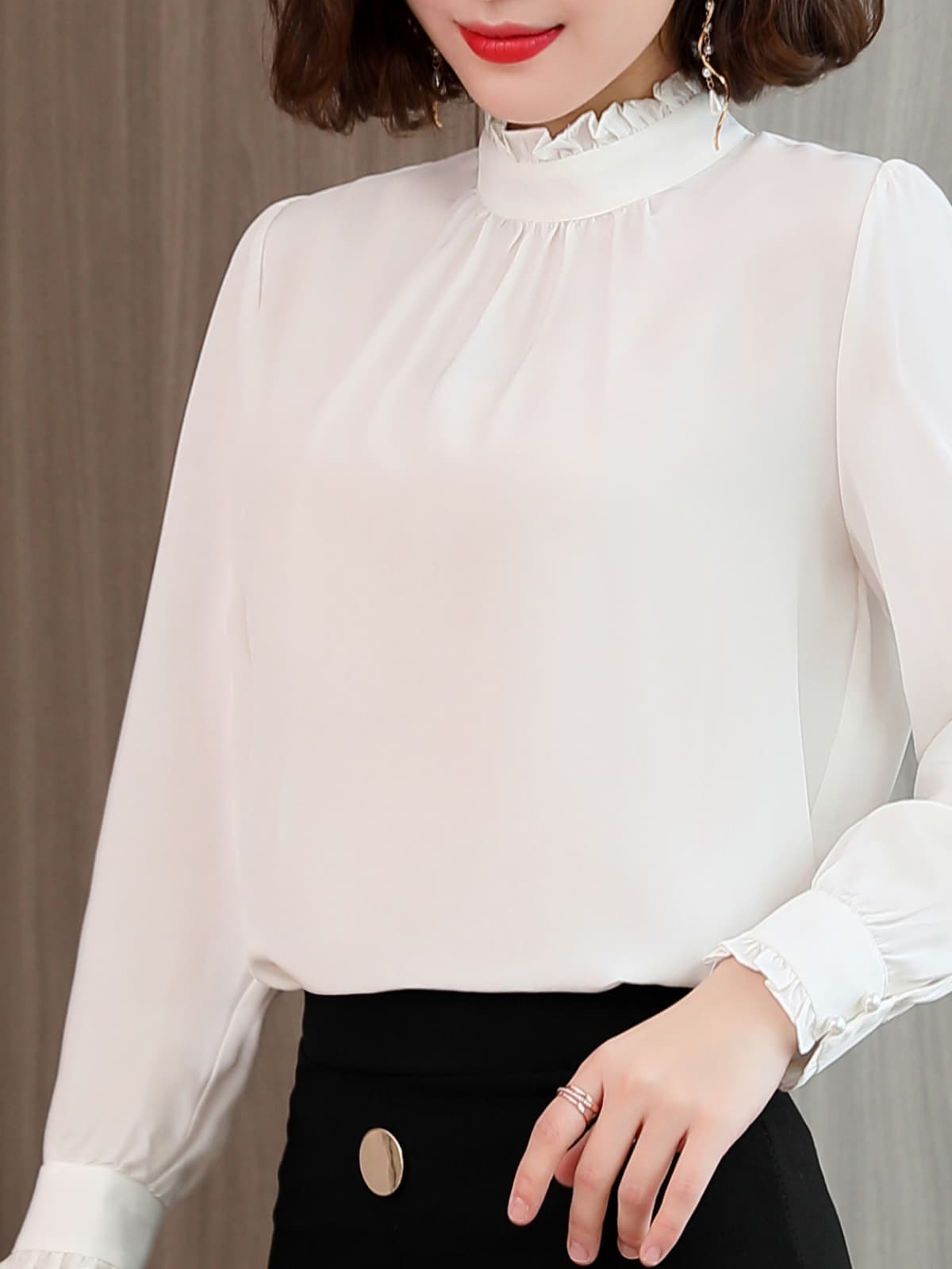 Elegant Lace Collar Silk Blouse for Women displayed on model, featuring a sophisticated white silk design and elegant collar.