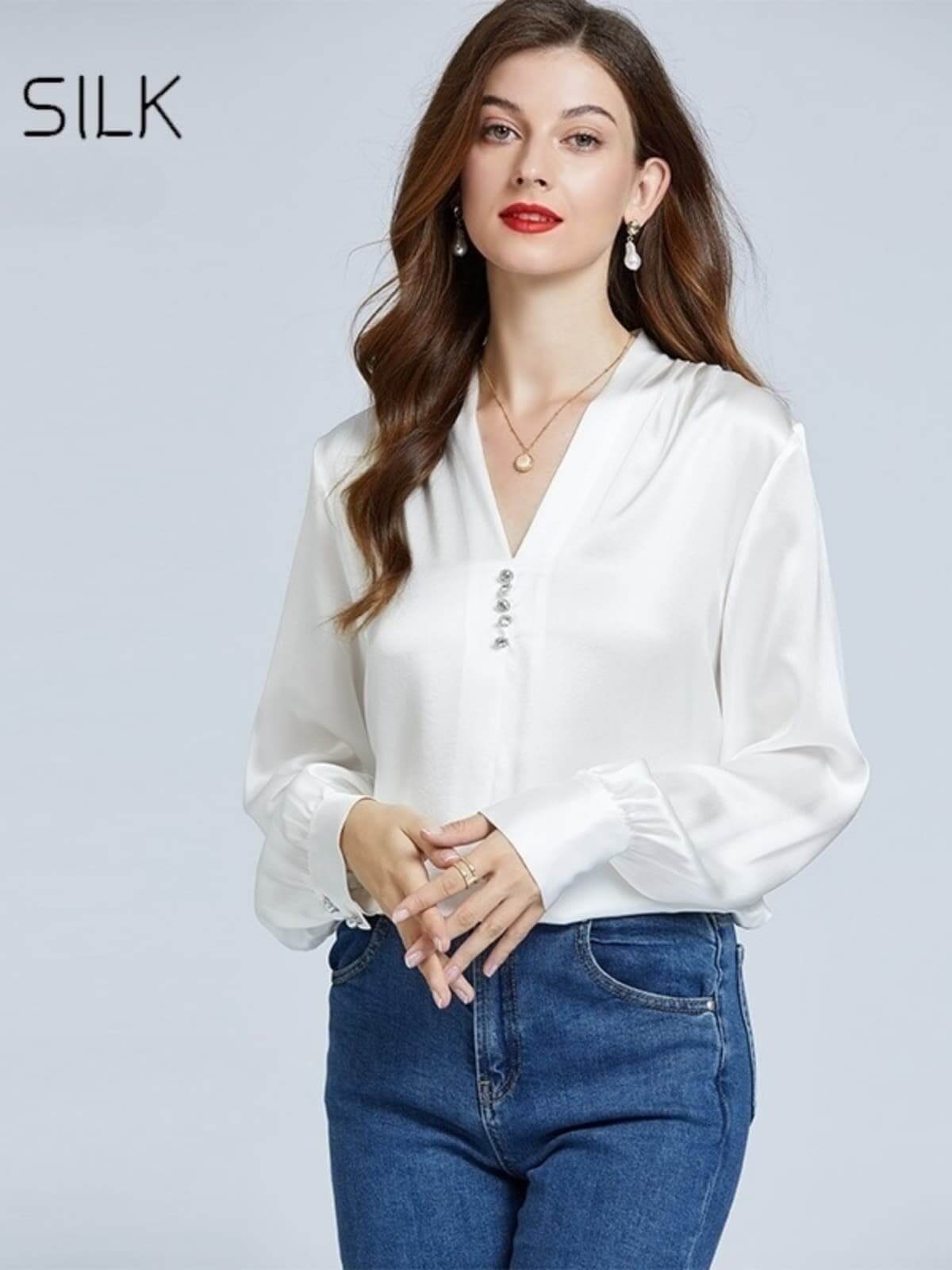 Front view of Women's Casual Silk Blouse 19MM