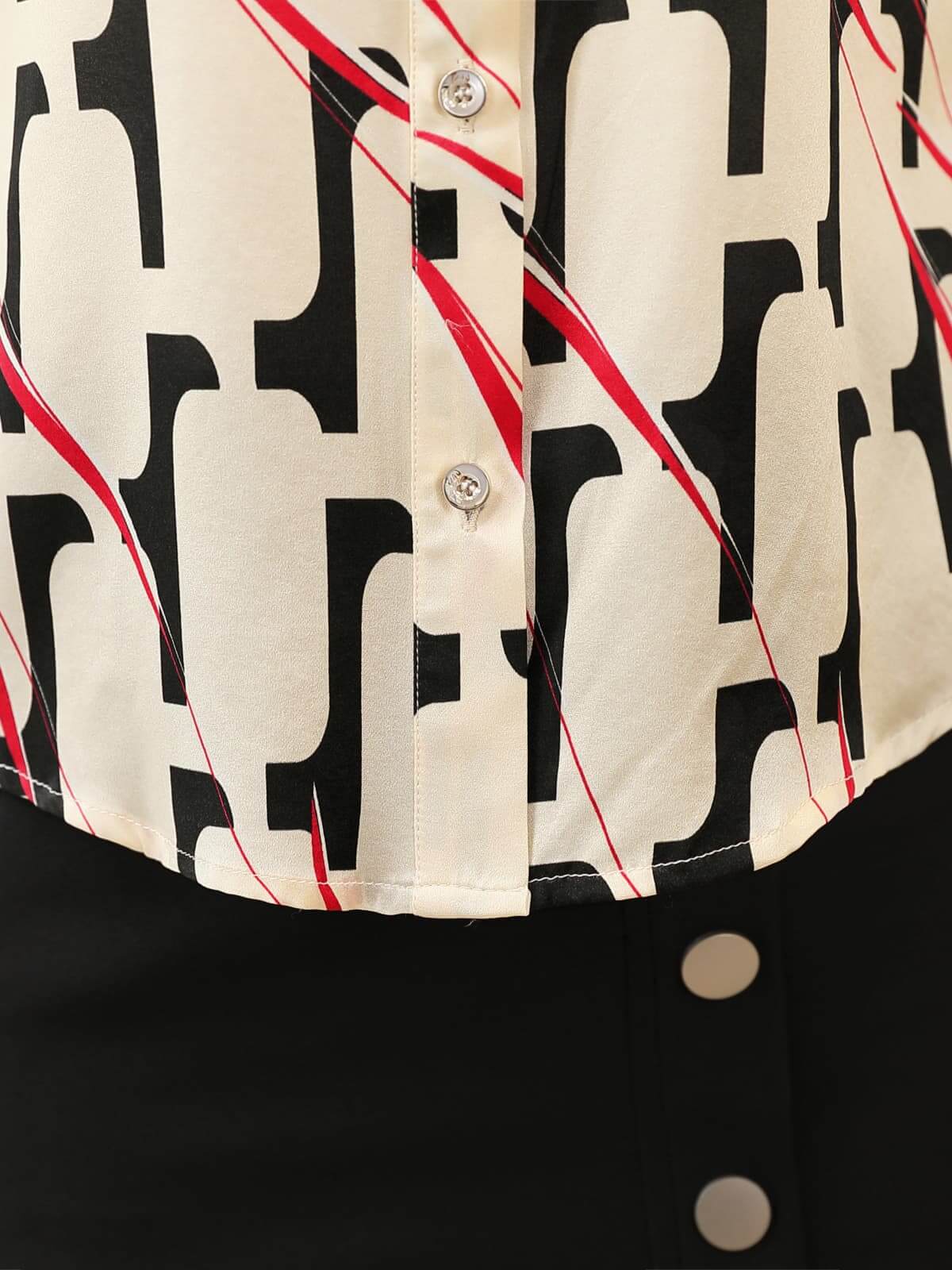 Luxury Printed Mulberry Silk Blouse for Women featuring stylish black and red geometric pattern.