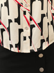 Luxury Printed Mulberry Silk Blouse for Women featuring stylish black and red geometric pattern.
