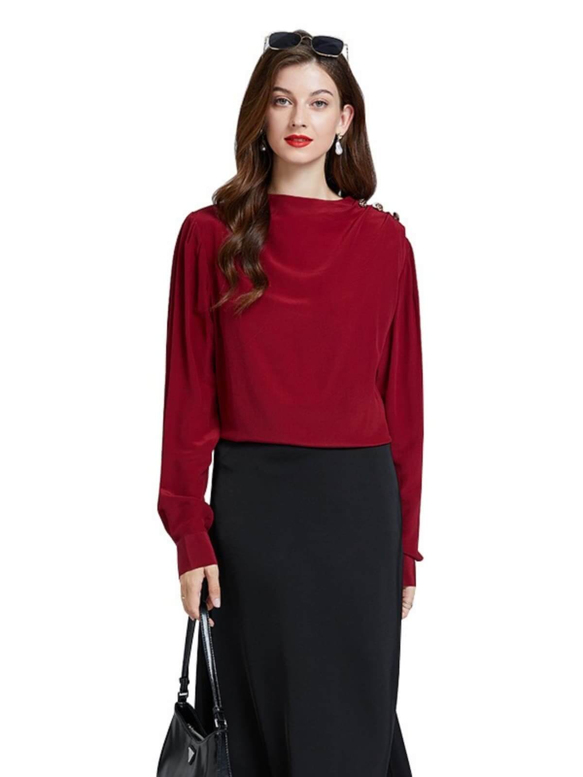 Front view of Women's Minimalist Silk Blouse in red