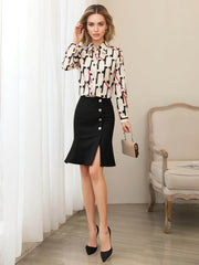 Luxury Printed Mulberry Silk Blouse for Women styled with a black skirt and heels in a bright room.
