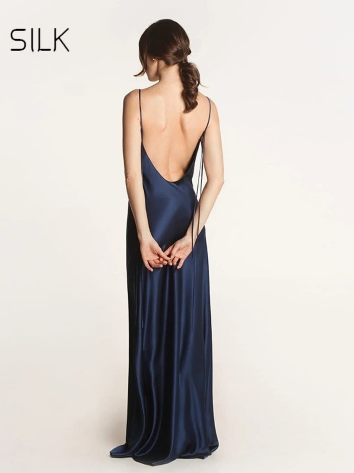 Back view of Spaghetti Strap Silk Dress Elegant