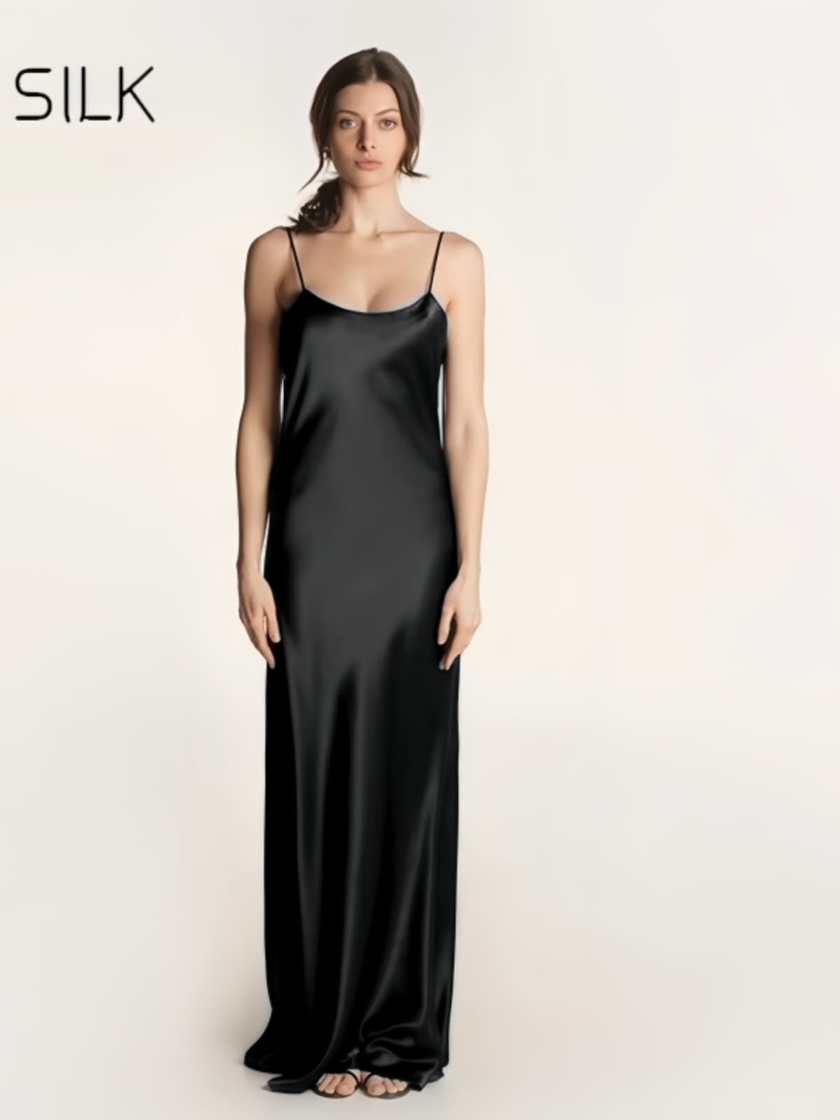 Model wearing Spaghetti Strap Silk Dress Elegant