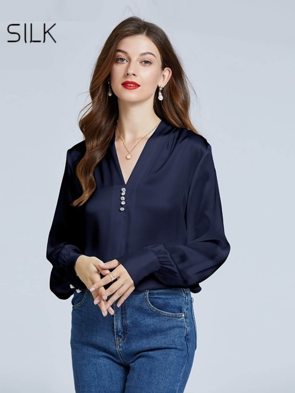 Women's Casual Silk Blouse 19MM in navy color