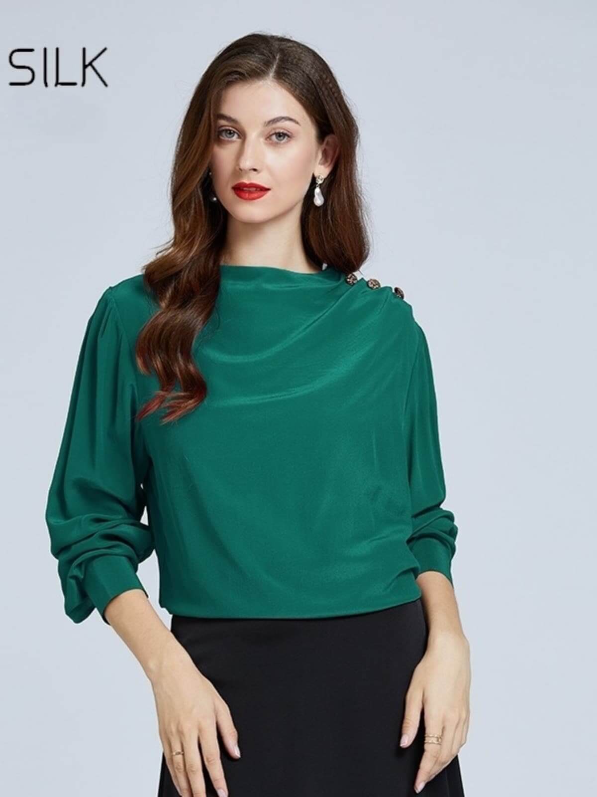 Women's Minimalist Silk Blouse in green color