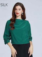 Women's Minimalist Silk Blouse in green color