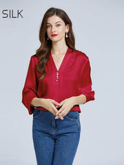 Women's Casual Silk Blouse 19MM in red color