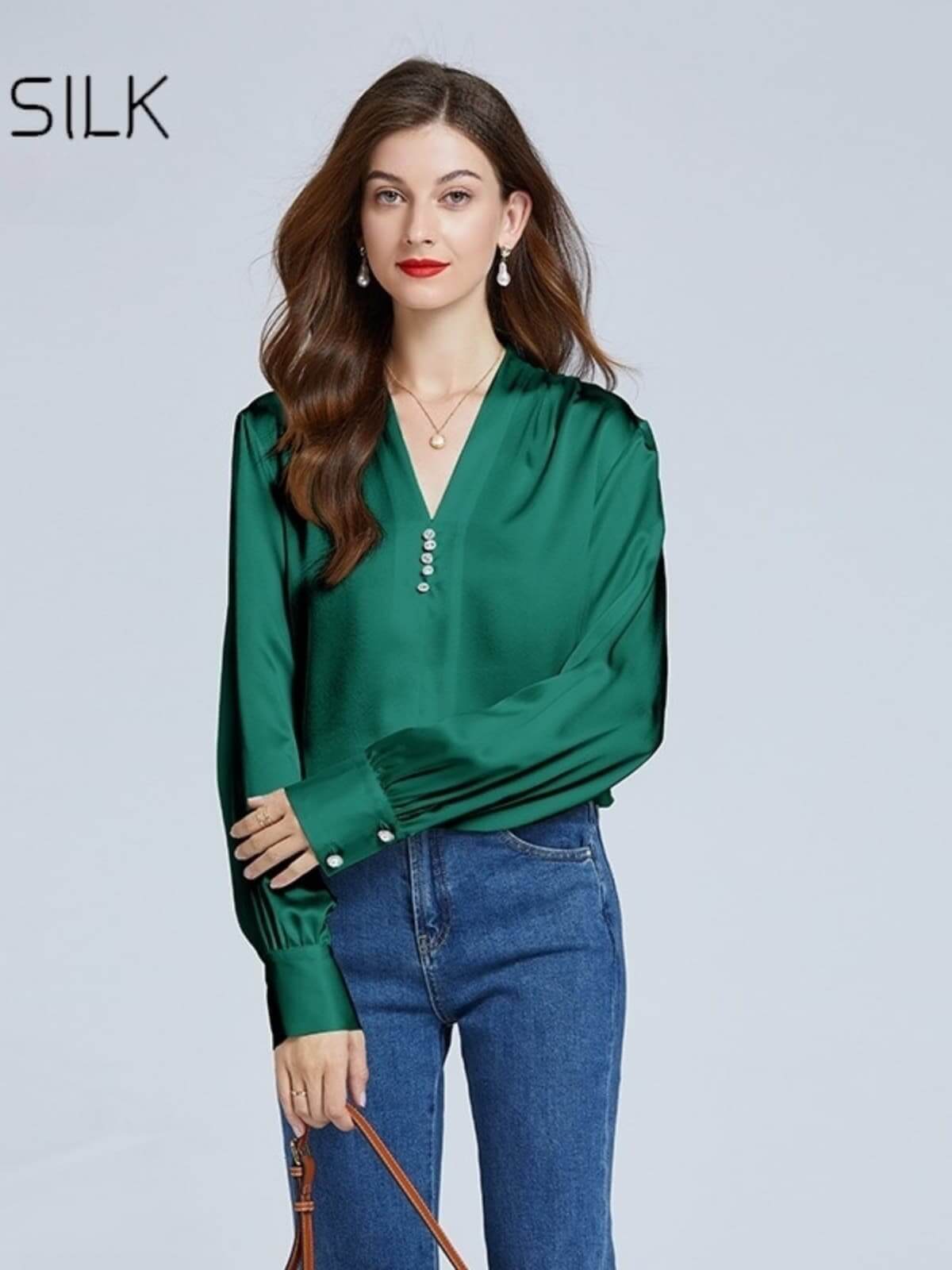 Women's Casual Silk Blouse 19MM in green color