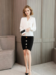 Woman wearing Chic V-neck Silk Blouse with black skirt, styled for work or weekend occasions.