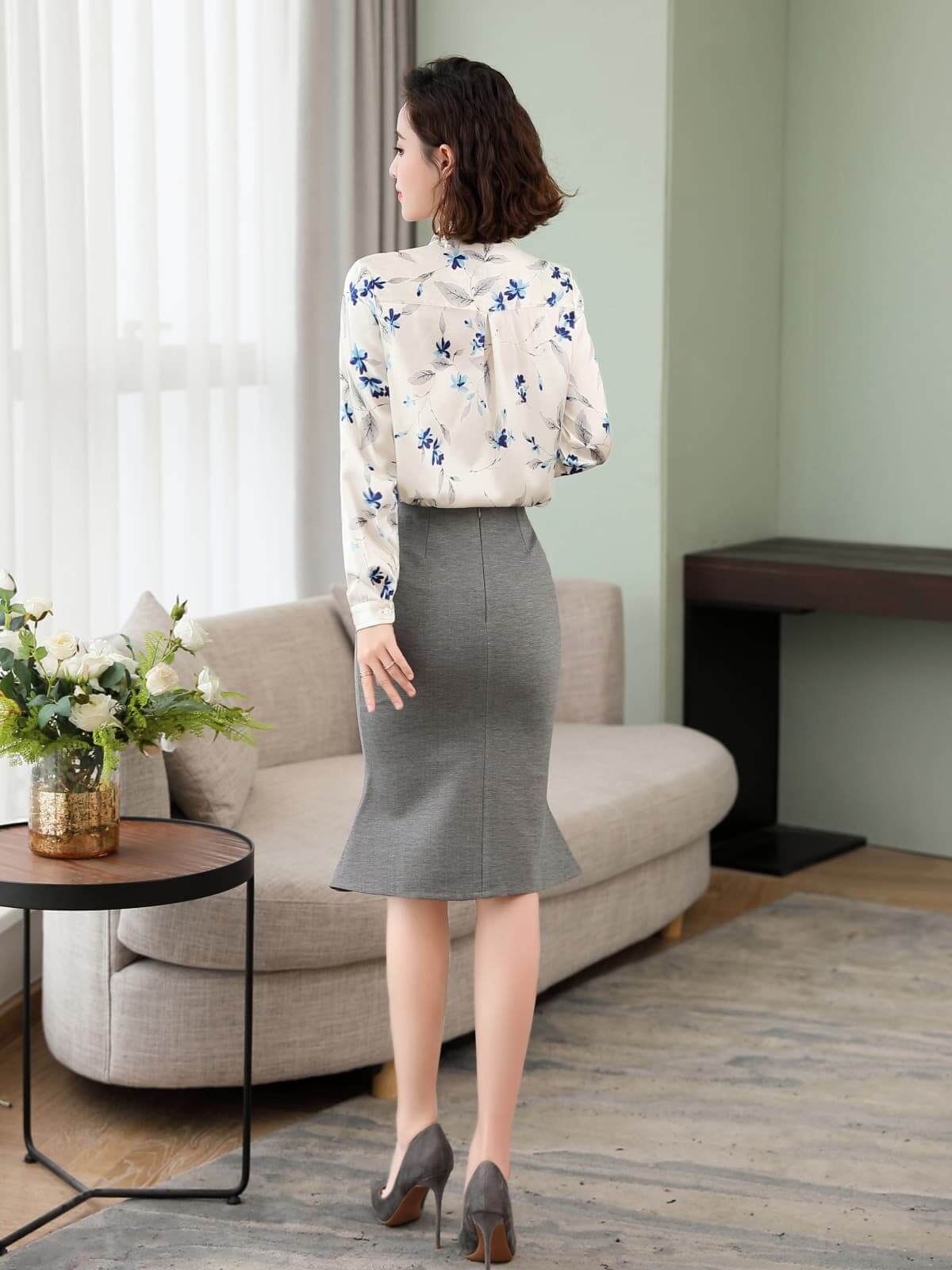 Floral Long Sleeve Mulberry Silk Blouse for Women styled with a gray skirt, showcasing a chic outfit.