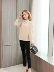 Elegant Lace Collar Silk Blouse for Women modeled by a woman in light beige, styled with black pants and a chic handbag.