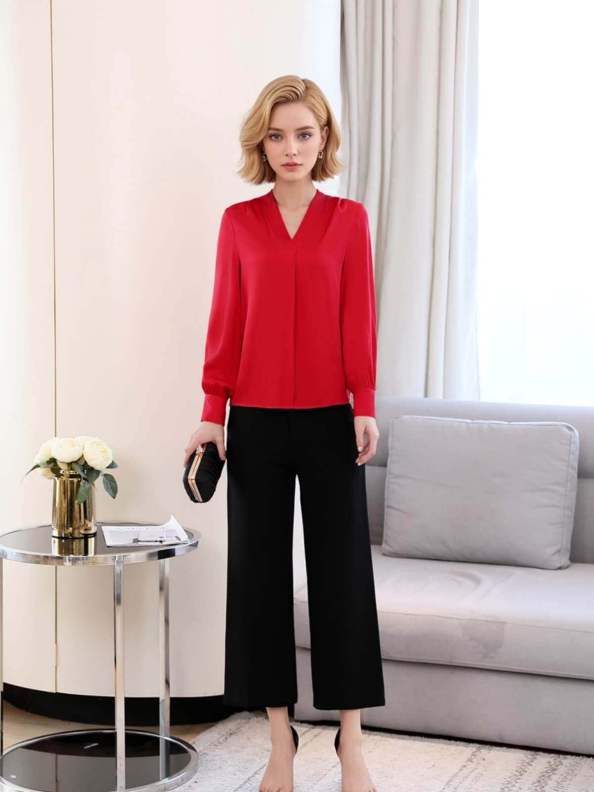 Chic V-neck Silk Blouse in red, elegant for work and weekend, paired with black culottes, stylish and comfortable.
