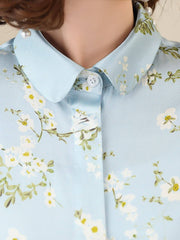 Floral Long Sleeve Mulberry Silk Blouse featuring a light blue collar and floral print design.