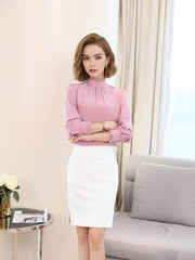 Elegant Lace Collar Silk Blouse for Women worn with a white skirt, showcasing stylish and sophisticated pairing.