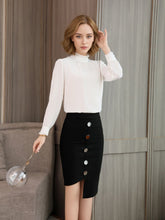 Elegant Lace Collar Silk Blouse for Women, styled with a black skirt and a chic modern look.